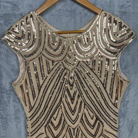 Women’s Dress L Gold‎ Beaded Flapper Fringe 20s Inspired Artsy Boho Gatsby Party - Picture 2 of 11